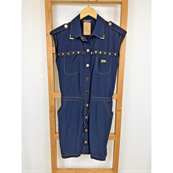 Lazenzaro Dresses & Skirts - Lazenzaro Blue Pockets Sleeveless Collared Utility Snap Up Dress #1563 Size MED